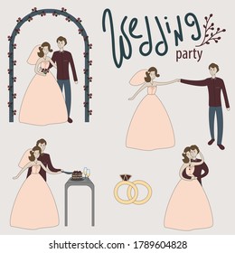 Wedding party Bride and groom under arch, dancing couple, getting married flat vector illustration