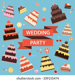 Wedding Party. Wedding Cake background, sweets, fruits and candies vector illustration.