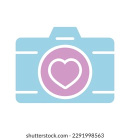 Wedding party camera with love lens isolated glyph icon. Vector illustration, romance elements. Sticker, patch, badge, card for marriage, valentine