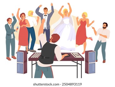 Wedding party celebration with dj mixing music tracks on turntable console