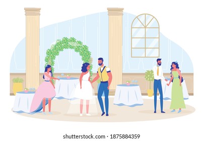 Wedding Party Celebration in Restaurant with Guest. Many Served Table, Flower Decoration, Bridal Plant Arch. Newlyweds and Friend. Banquet Event Hall Interior. People Dancing. Vector Illustration