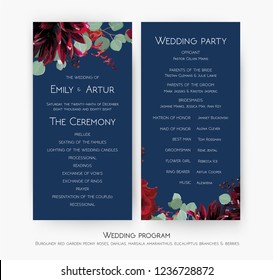 Wedding party & ceremony program card design with Red rose flowers, burgundy dahlia, eucalyptus branches, leaves, amaranthus & berries on navy blue background. Vector, elegant classy bohemian template