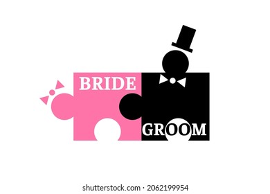 Wedding party concept design Bride and groom icon, sign, symbol. Puzzle man and woman have sex on white background. Vector illustration