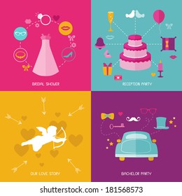 Wedding Party Concept Set. Flat icons of dress, ring, car, cake, hearts, cupid, gift in vector 