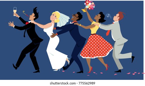 Wedding party dancing a conga line, EPS 8 vector illustration