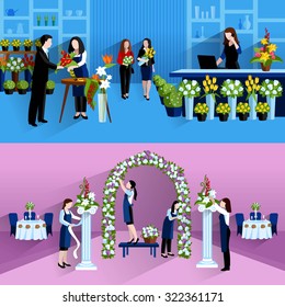  Wedding party decorations and bouquets design florist online service 2 flat banners composition abstract isolated vector illustration