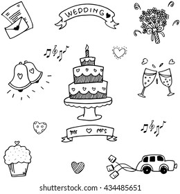 Wedding party doodle flat on white backgrounds