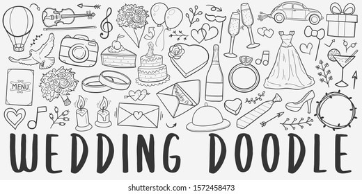 Wedding Party Doodle Line Art Illustration. Hand Drawn Vector Clip Art. Banner Set Logos.