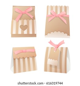 wedding party favor gift brown craft paper bags with bows, ribbons and tags isolated on white background. realistic vector illustration