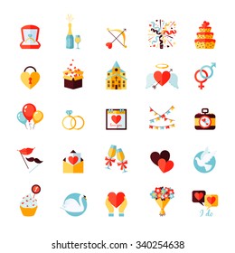 Wedding party flat icons set with balloons cake ring isolated vector illustration