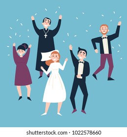 Wedding party. Happy guests, fiance, bride and priest are dancing and full of joy after ceremony. Groom and fiancee become wife and husband. Flat vector illustration.