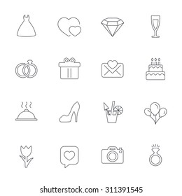 Wedding and party icons. Dress, diamond and rings. Gift box, invitatiom letter and rose flower. Speech bubble with heart and photo camera. Outline line icons on white background. Vector