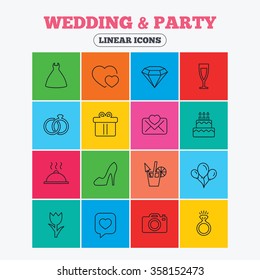 Wedding and party icons. Dress, diamond and rings. Gift box, invitatiom letter and rose flower. Speech bubble with heart and photo camera. Linear icons in colored squares.