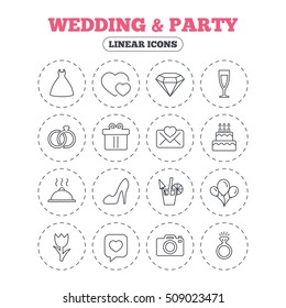 Wedding and party icons. Dress, diamond and rings. Gift box, invitatiom letter and rose flower. Speech bubble with heart and photo camera. Round flat buttons with linear icons. Vector