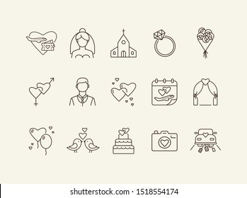 Wedding party icons. Set of line icons. Wedding arch, cake, church. Wedding concept. Vector illustration can be used for topics like marriage, family, love