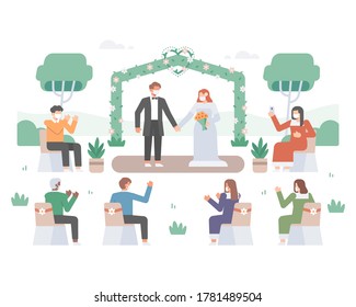 Wedding party illustration in the middle of coronavirus pandemic with handsome bride and beautiful groom and guest wearing a face mask and practice social distancing to prevent virus transmission