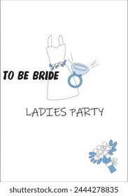 Wedding party invitation, bride's white wedding dress, engagement ring.