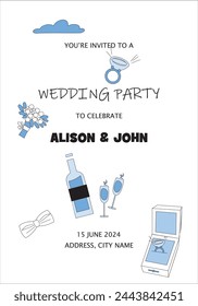 Wedding party invitation card, bride's bouquet, glasses of champagne, engagement ring.