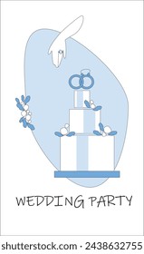 Wedding party invitation card, white wedding cake with rings on a blue background.