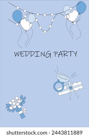 Wedding party invitation, garland, balloons, bridal bouquet and more.