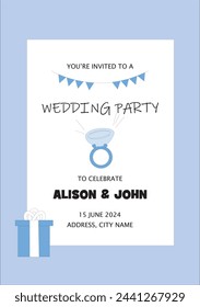 Wedding party invitation, garland, text and engagement ring.