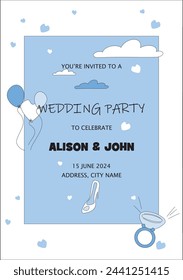 Wedding party invitation, on a blue and white background with clouds, balloons, text and engagement ring.