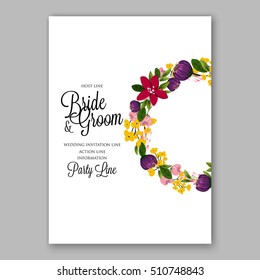 Wedding party invitation with romantic floral wreath or bridal bouquet of daisy, peony