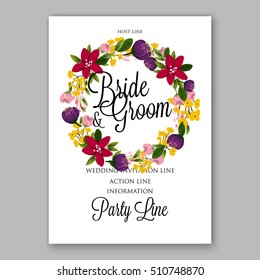 Wedding party invitation with romantic floral wreath or bridal bouquet of daisy, peony