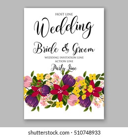 Wedding party invitation with romantic floral wreath or bridal bouquet of daisy, peony