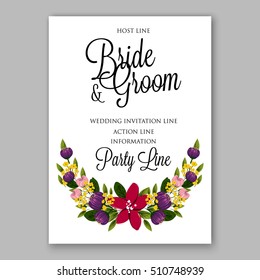 Wedding party invitation with romantic floral wreath or bridal bouquet of daisy, peony