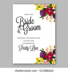 Wedding party invitation with romantic floral wreath or bridal bouquet of daisy