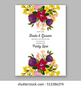 Wedding party invitation with romantic floral wreath or bridal bouquet of daisy