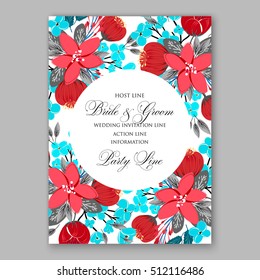 Wedding party invitation with romantic floral wreath or bridal bouquet of daisy, peony. poinsettia