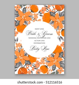 Wedding party invitation with romantic floral wreath or bridal bouquet of daisy, peony. poinsettia