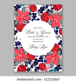 Wedding party invitation with romantic floral wreath or bridal bouquet of daisy, peony. poinsettia