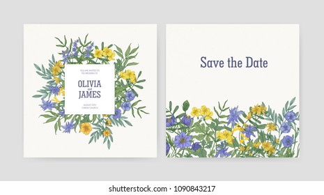 Wedding party invitation and Save The Date card templates decorated with beautiful yellow and purple blooming wild flowers and flowering herbs on white background. Botanical vector illustration