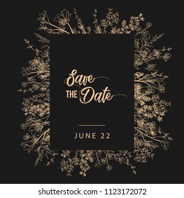 wedding party invitation and Save The Date card templates with Lily of the valley flowers hand drawn with black contour lines on white background. Beautiful floral vector illustration.
