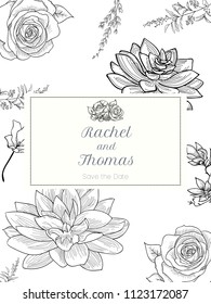 wedding party invitation and Save The Date card templates with Lily of the valley flowers hand drawn with black contour lines on white background. Beautiful floral vector illustration.