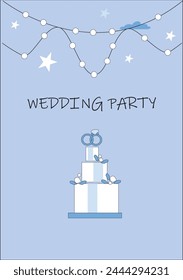 Wedding party invitation starry sky, festive garland, wedding cake with wedding rings.