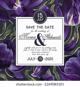 Wedding or party invitation template with dark purple tulips, vintage style. Postcard with botanical design in realistic style. Template for poster, banner ads, social media posts, place for text