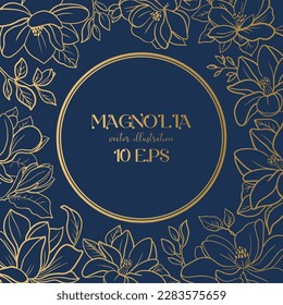 Wedding or party invitation template with gold round frame with magnolia flowersr. Save the Date card template with botanical design.