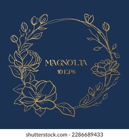 Wedding or party invitation template with gold round frame with golden magnolia flowersr. Save the Date card template with botanical design.