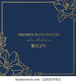 Wedding or party invitation template with golden magnolia flowers. Square Save the Date card template with botanical design. Vector illustration