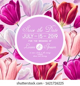 Wedding or party invitation template with pink tulips and petals. Save the Date card template in vector format with botanical design in realistic vintage style. Can be used as a banner for spring sale