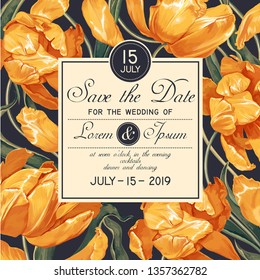 Wedding or party invitation template. Save the Date card with blooming yellow tulips flowers and leaves. Vintage spring botanical design in realistic style. Hand drawn vector art for party decoration.