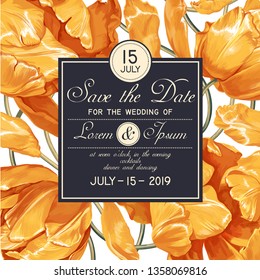 Wedding or party invitation template. Save the Date card with blooming yellow tulips flowers and leaves. Vintage spring botanical design in realistic style. Hand drawn vector art for party decoration.