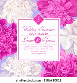 Wedding or party invitation template. Save the Date card with white and pink peonies flowers and leaves. Vintage spring botanical design in realistic style. Hand drawn vector art for party decoration.