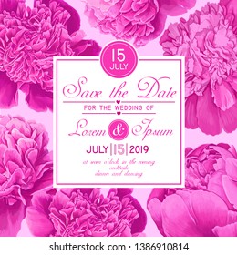 Wedding or party invitation template. Save the Date card with blooming pink peonies flowers and leaves. Vintage spring botanical design in realistic style. Hand drawn vector art for party decoration.
