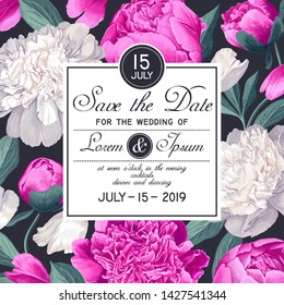 Wedding or party invitation template. Save the Date card with blooming peonies flowers and leaves. Vintage spring botanical design in realistic style. Hand drawn vector art for party decoration.