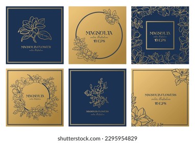 Wedding or party invitation templates with magnolia flowers. Square cards template with botanical design